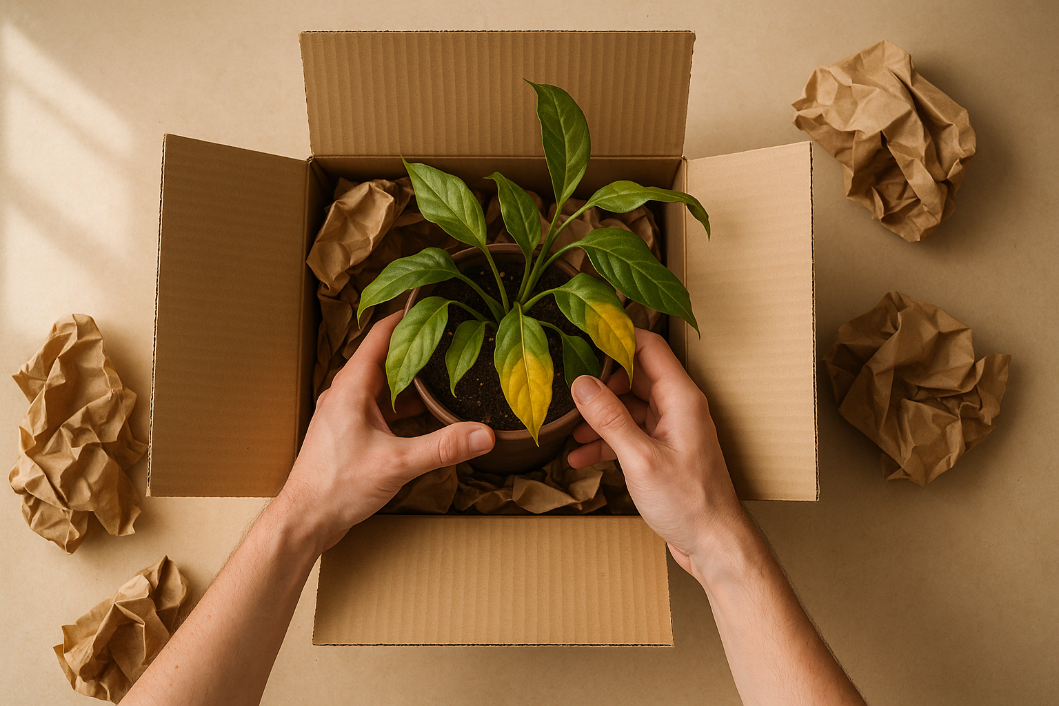 Plant owner carefully unboxing a mail-order plant, removing it from a shipping box surrounded by packing materials, showing a stressed plant with slightly drooping leaves