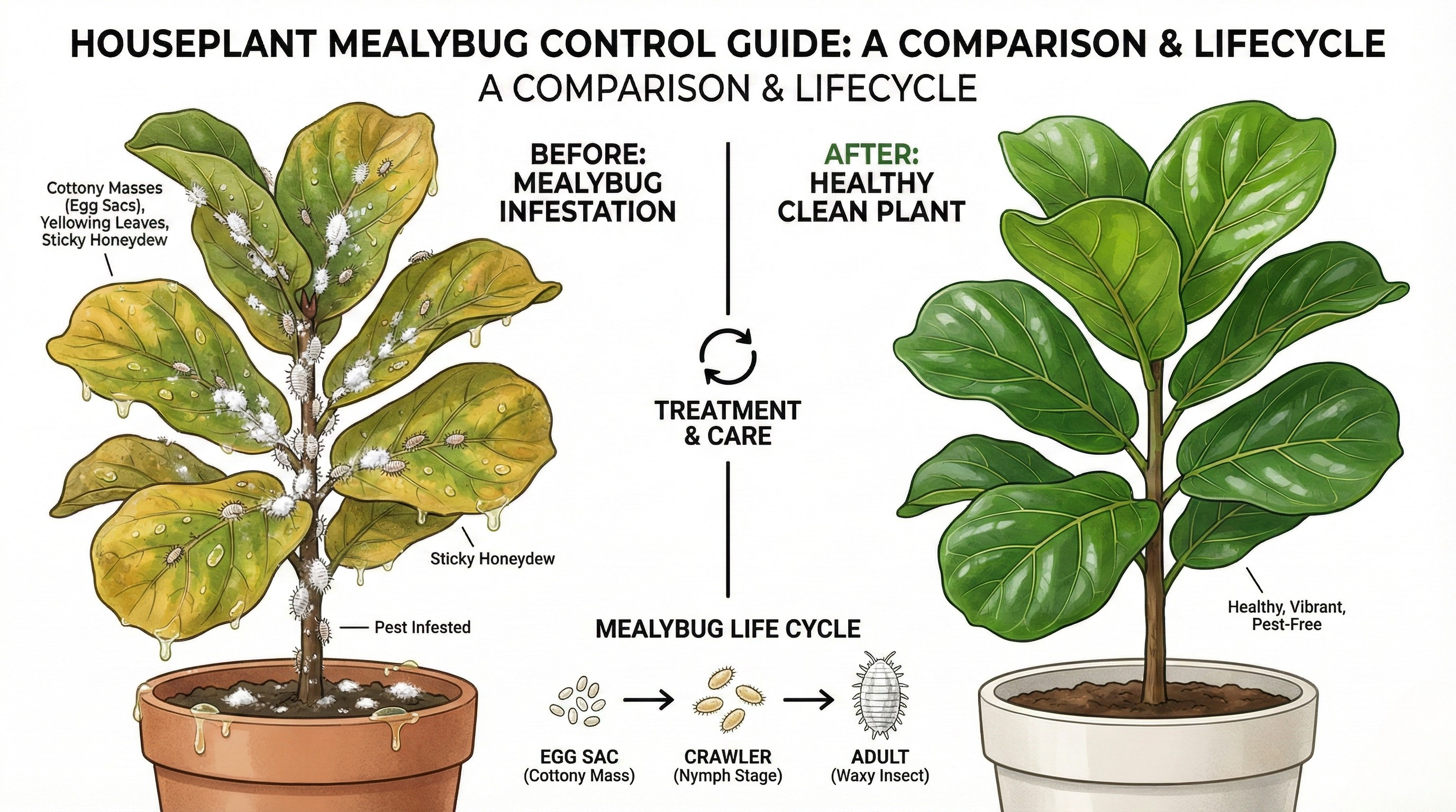 Before and after mealybug treatment comparison
