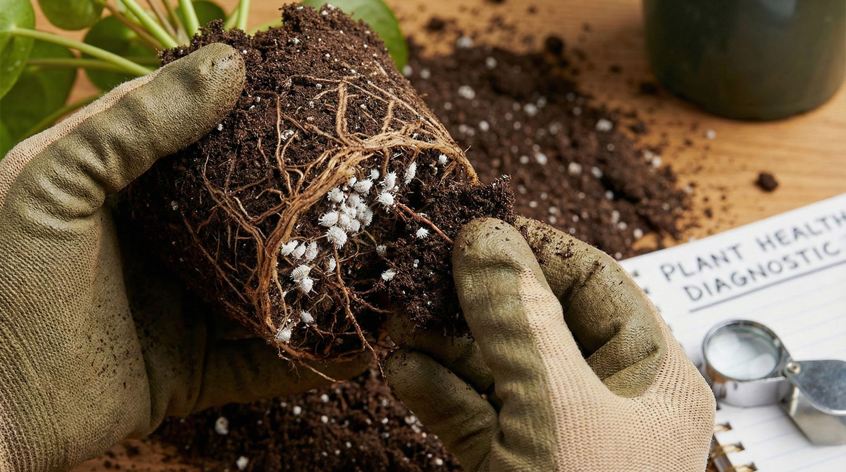 Root mealybugs on plant roots - white cottony masses