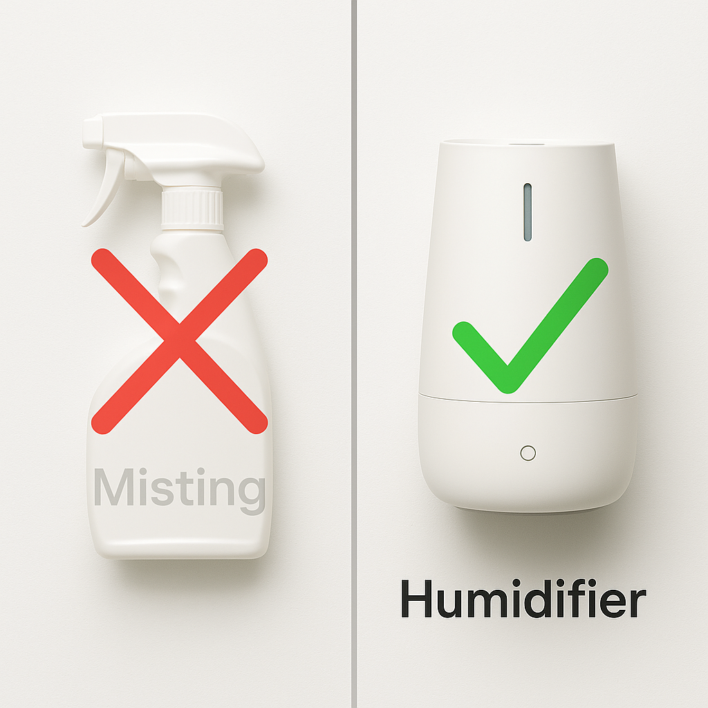 Split comparison: a spray bottle with a red X crossed through it beside a modern humidifier with a green checkmark