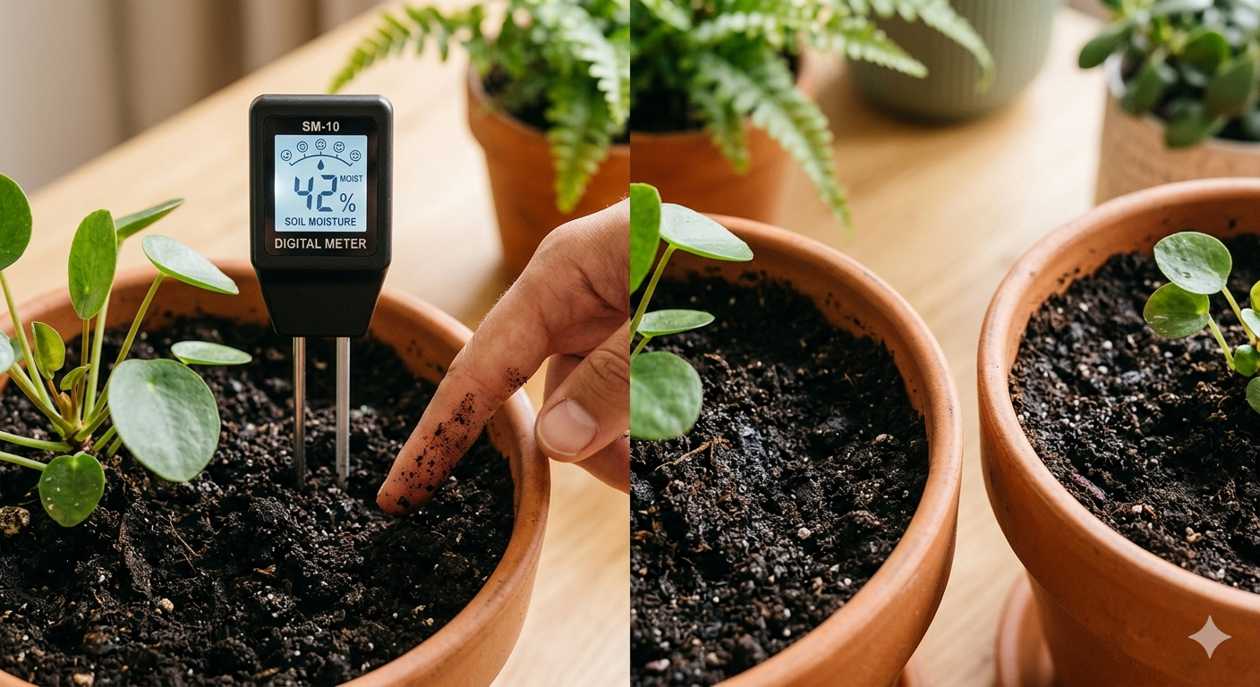 Moisture meter probe inserted in soil next to finger test method