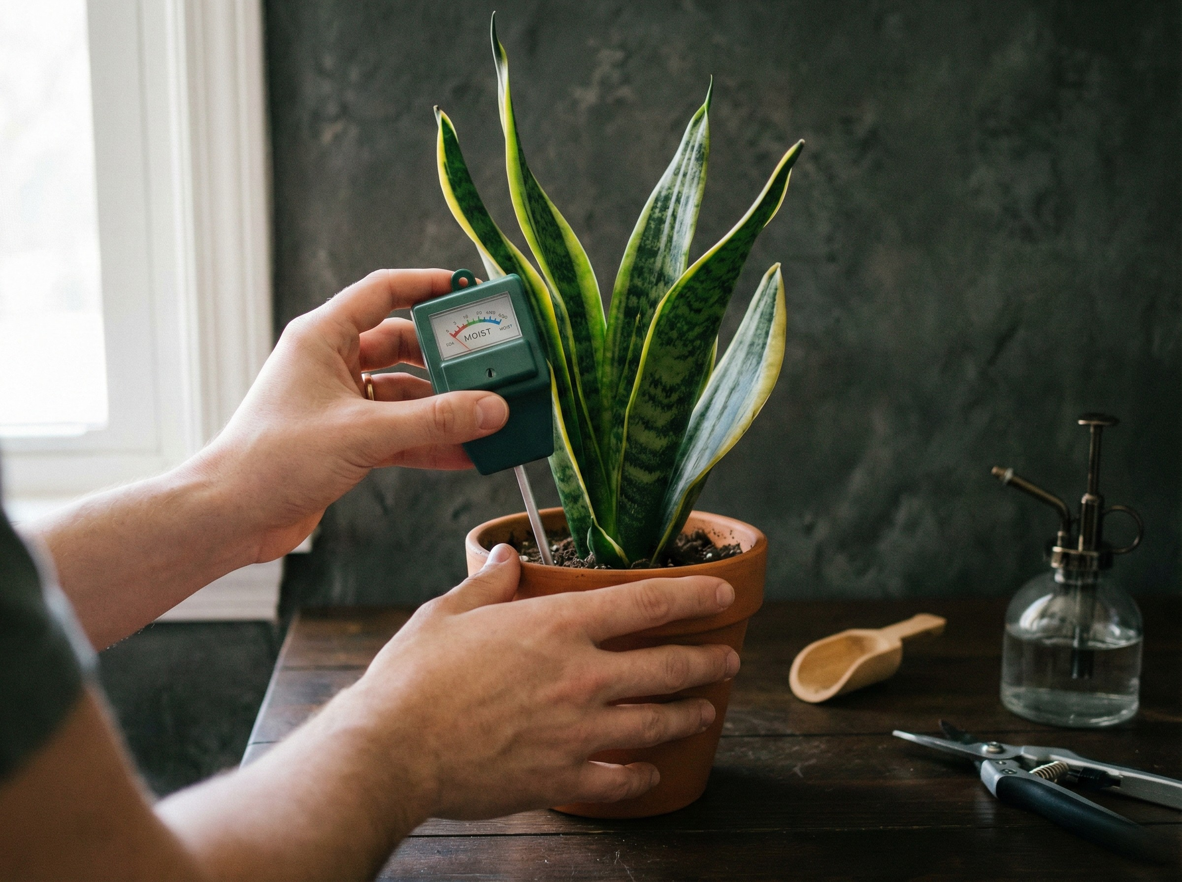 Using a moisture meter on a snake plant in a terracotta pot