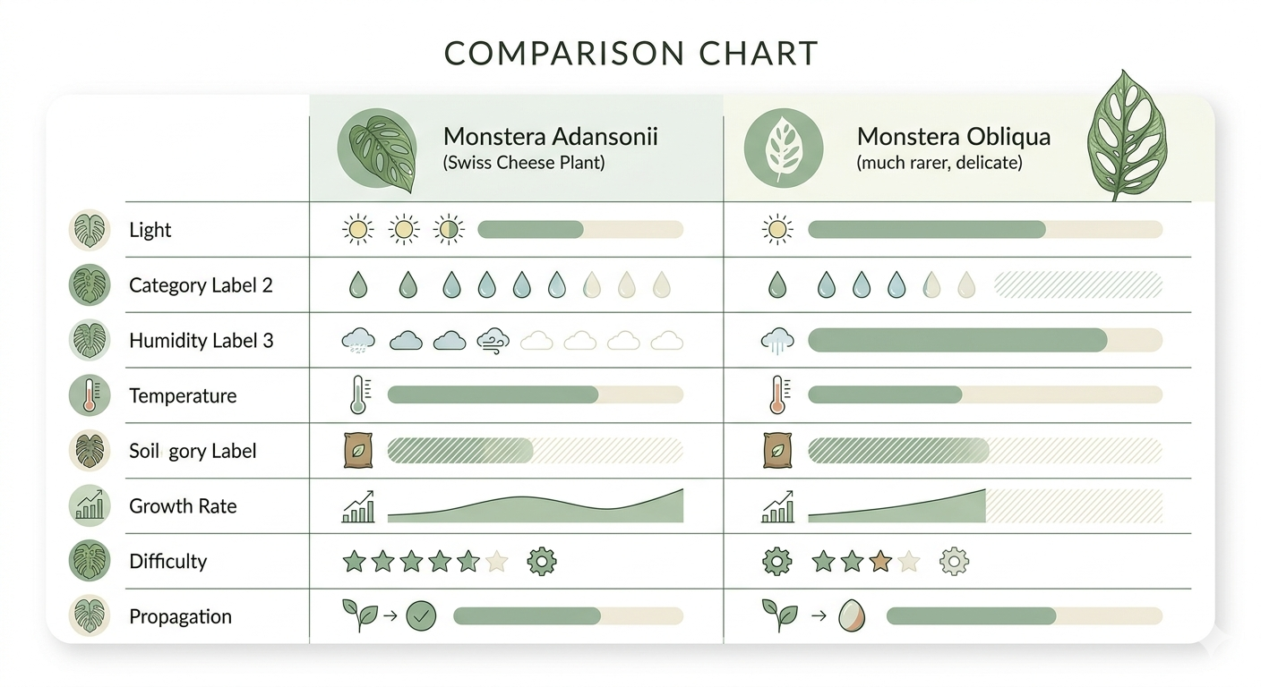 Clean comparison table showing care requirements for Monstera Adansonii versus Monstera Obliqua side by side