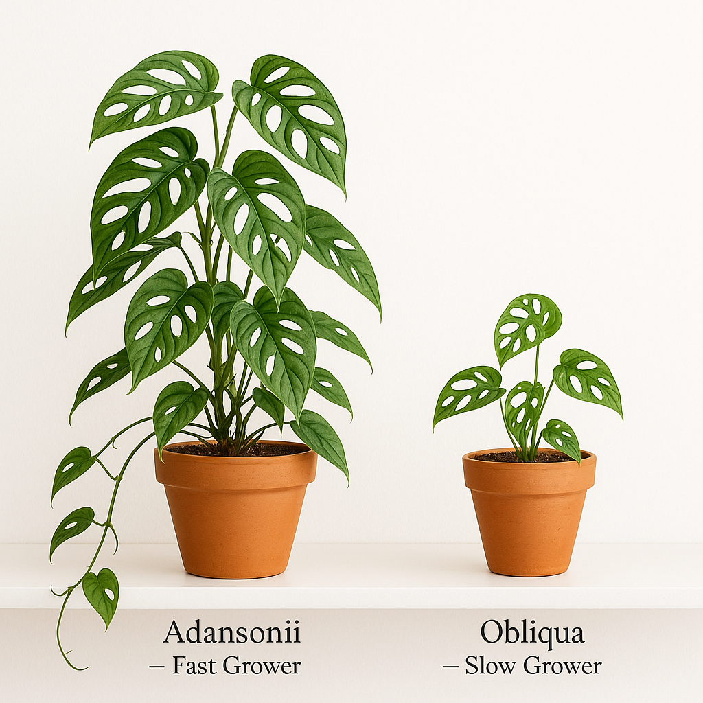 Two Monstera plants in similar pots showing dramatic size difference after same growth period — Adansonii sprawling vs Obliqua compact