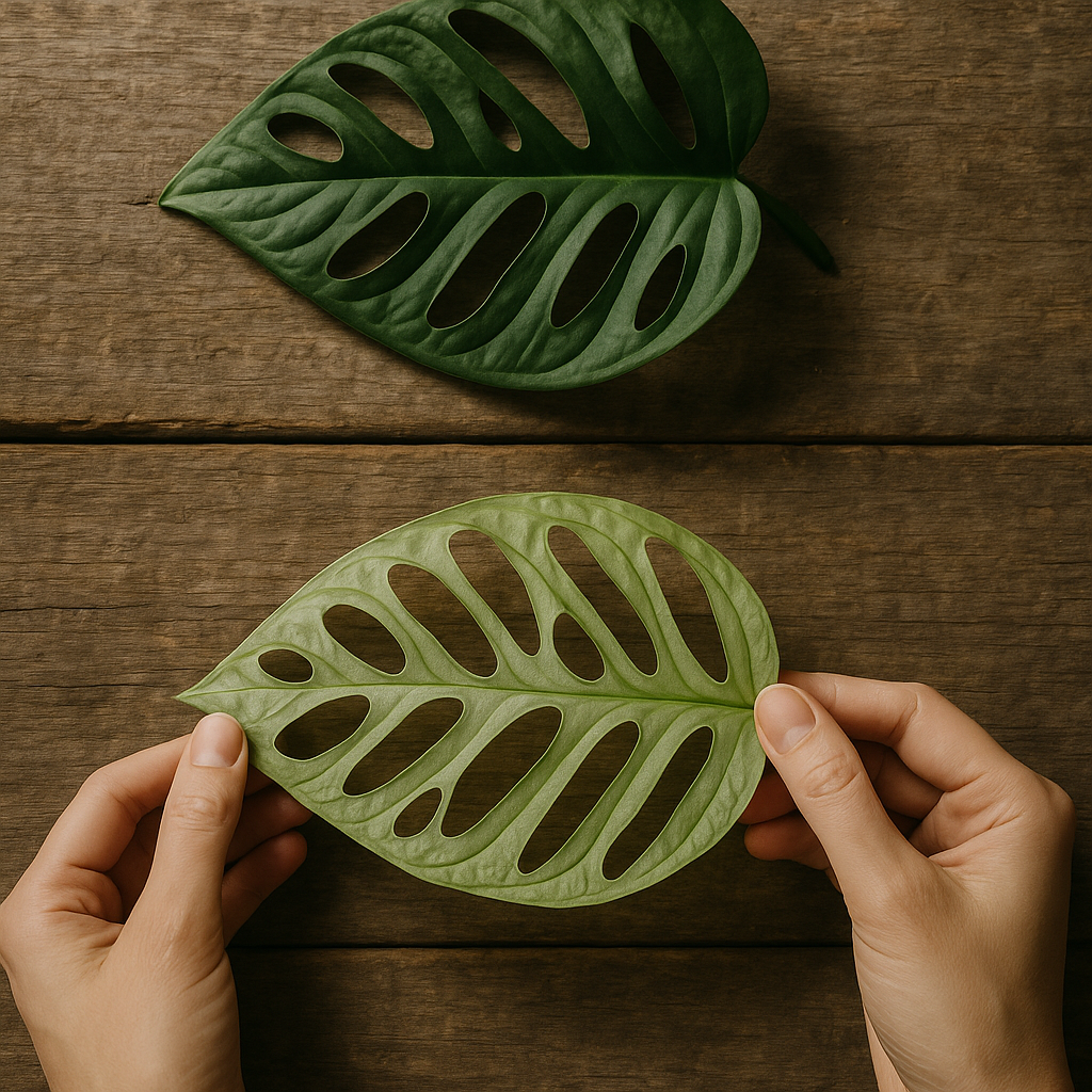 Hand holding Monstera Adansonii leaf showing substantial thickness versus thin Obliqua leaf