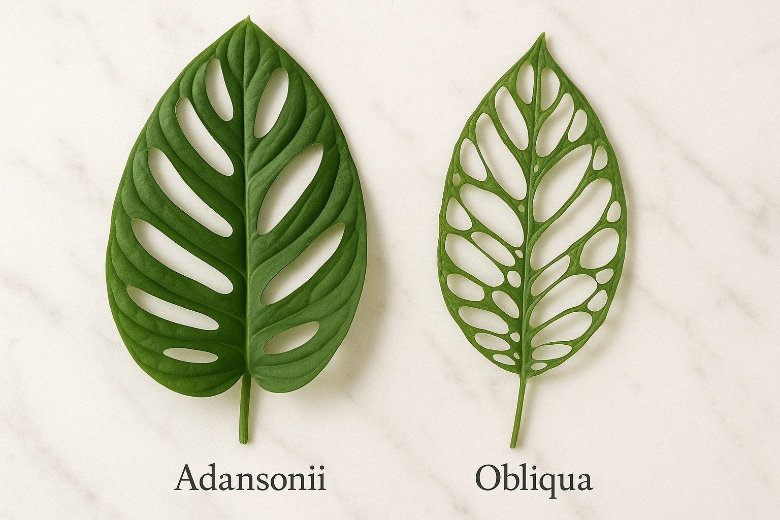 Side-by-side comparison of Monstera Adansonii and Monstera Obliqua leaves showing fenestration differences