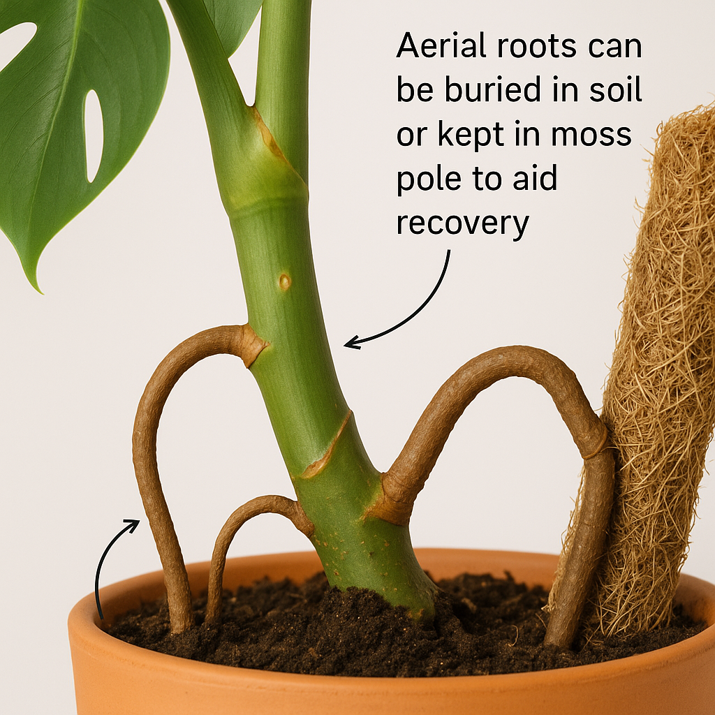 How to handle Monstera aerial roots during root rot treatment