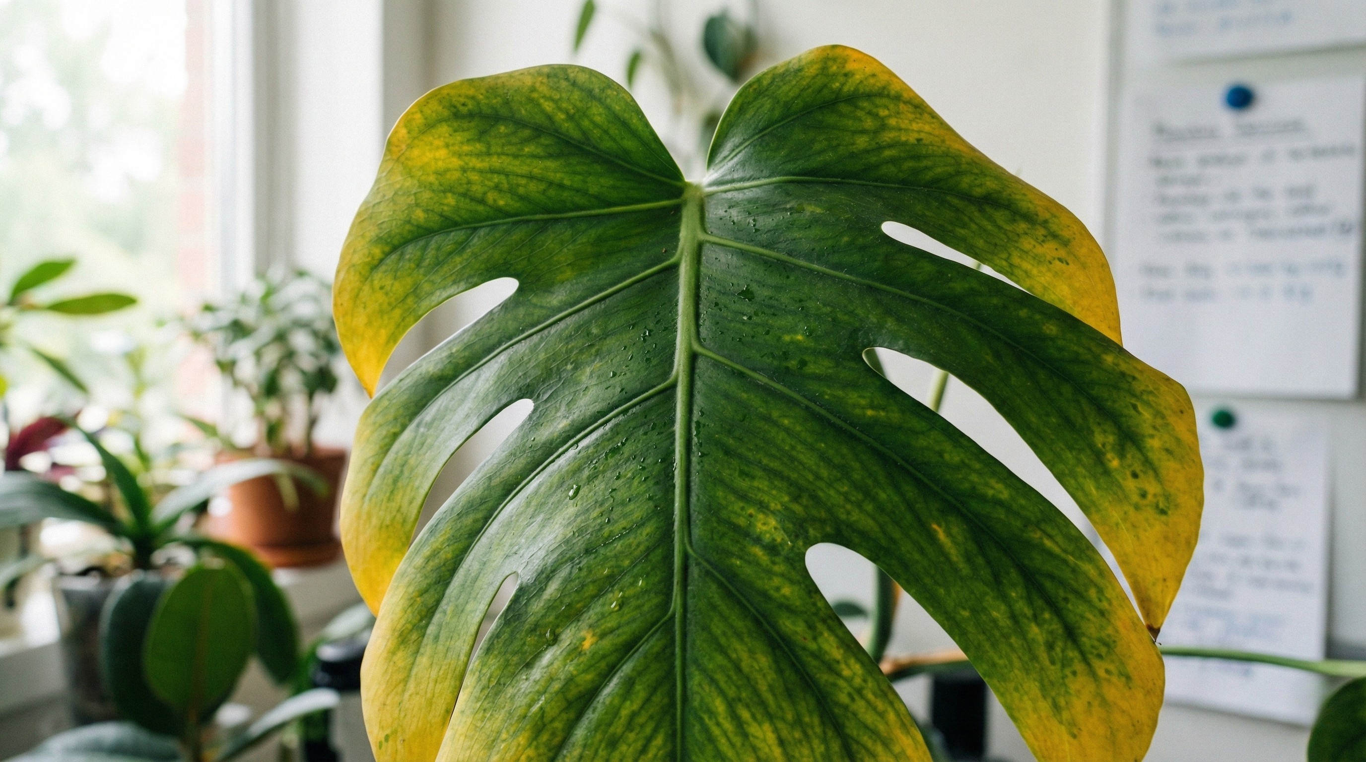 Healthy Monstera with prominent aerial roots reaching toward a moss pole
