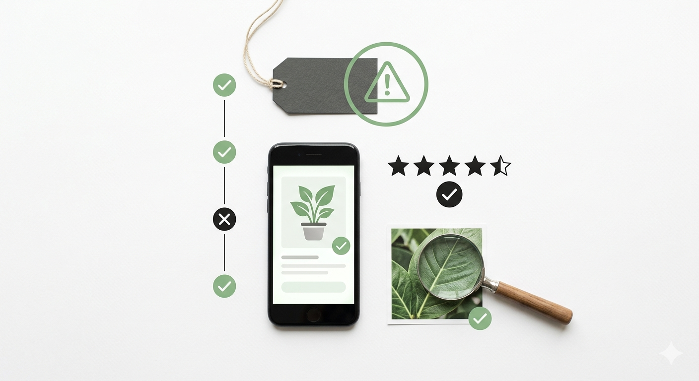 Visual buying guide checklist for avoiding mislabeled Monstera plants — price, leaf photos, seller verification