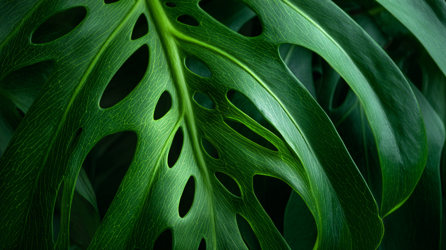 Mature Monstera leaf showcasing dramatic fenestrations and splits against bright indirect light