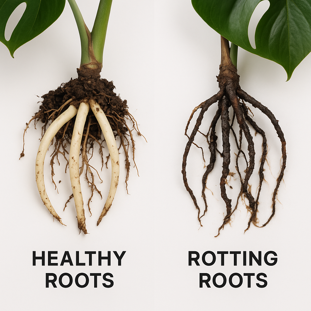 Comparison of healthy white Monstera roots vs brown black mushy root rot
