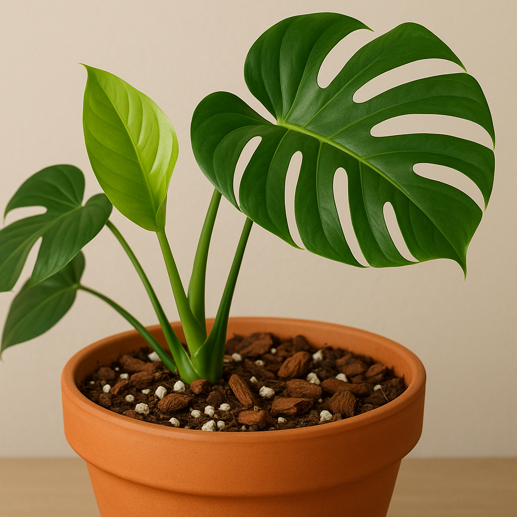 Healthy Monstera deliciosa in a chunky, well-draining soil mix with visible perlite and bark