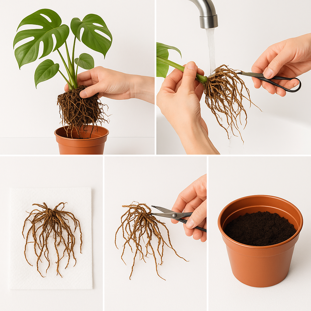 Step by step Monstera root rot treatment process - unpotting, cleaning, trimming
