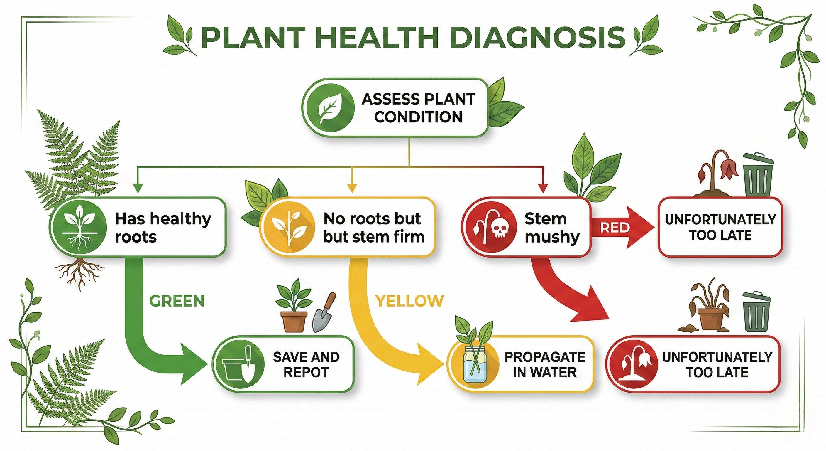 Decision tree diagram showing when to save vs propagate Monstera with root rot