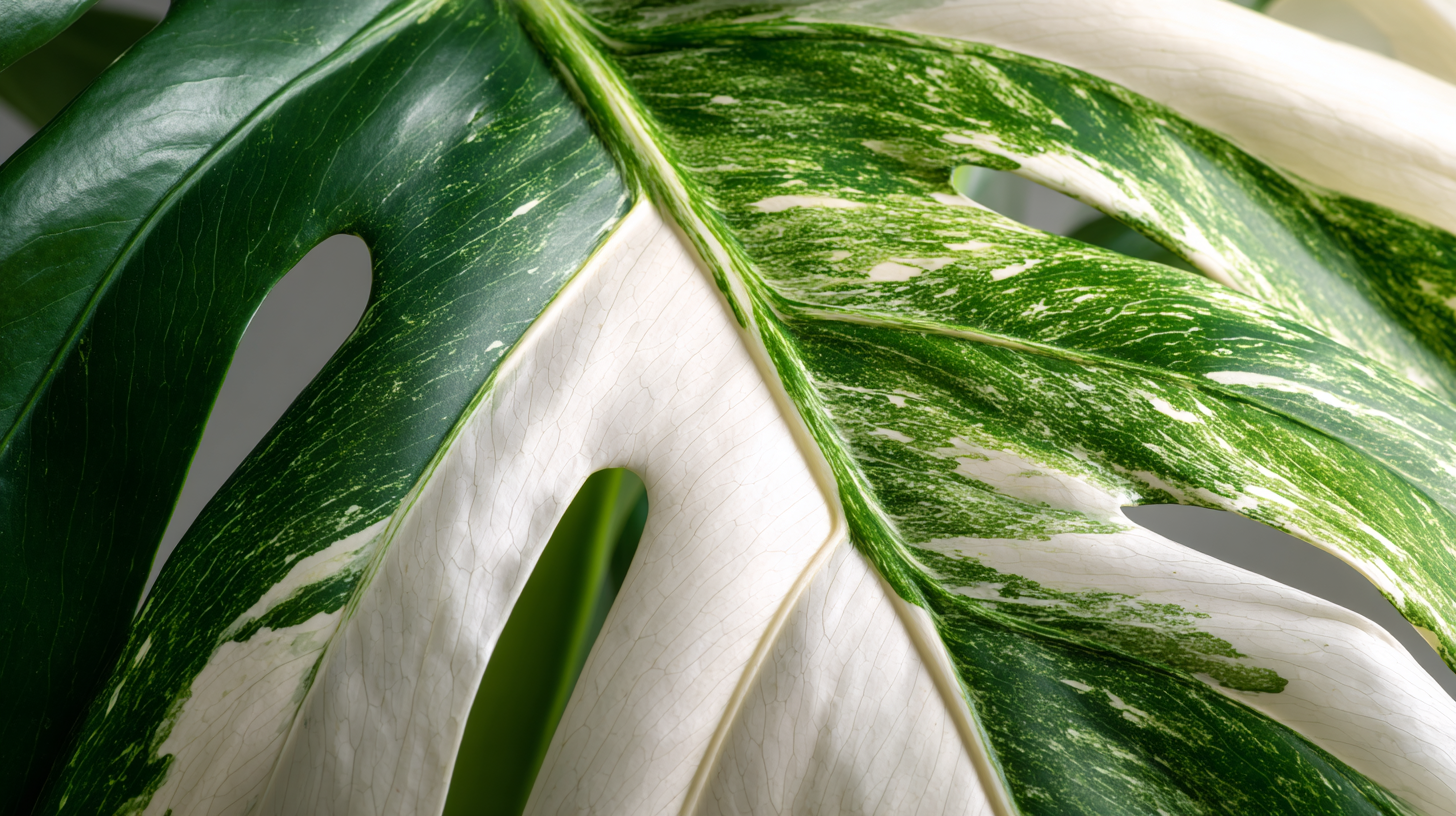 Comparison of three variegated Monsteras: Albo with white sectors, Thai Constellation with cream speckles, and Aurea with golden variegation