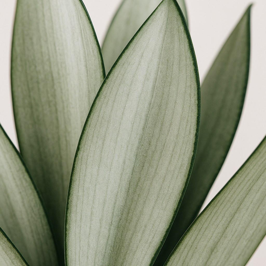 Moonshine snake plant close-up showing silvery pale green leaves with dark green edges