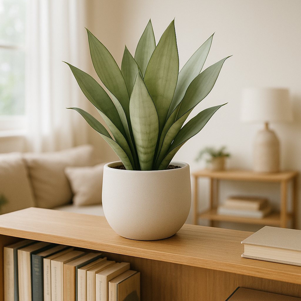 Moonshine snake plant on a bright bookshelf in a modern living room