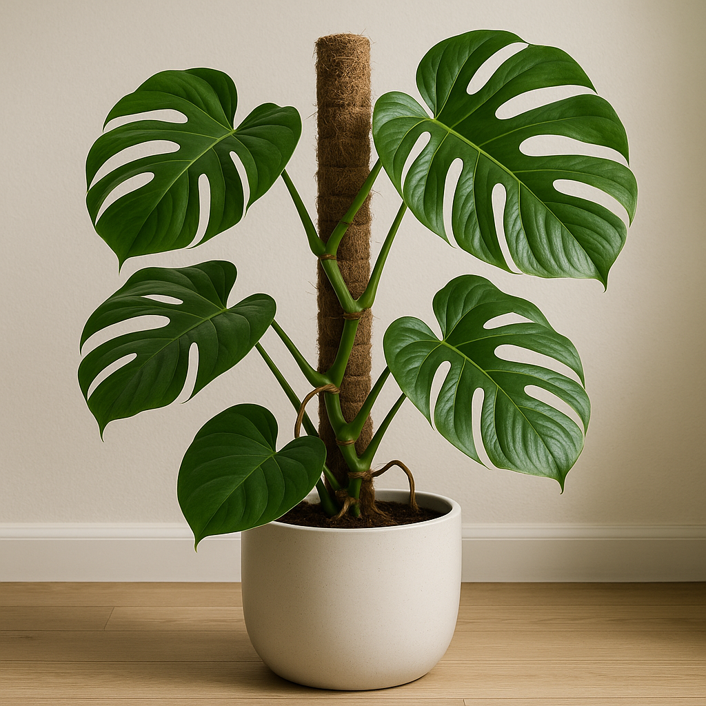 Monstera growing up a moss pole with visible aerial roots anchored into the coir, showing large fenestrated leaves at the top