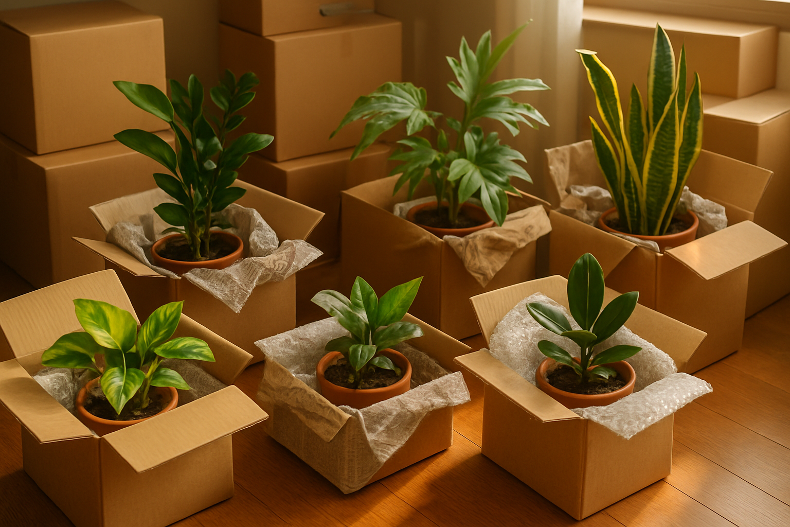 Collection of houseplants packed in boxes with newspaper cushioning, ready for moving day