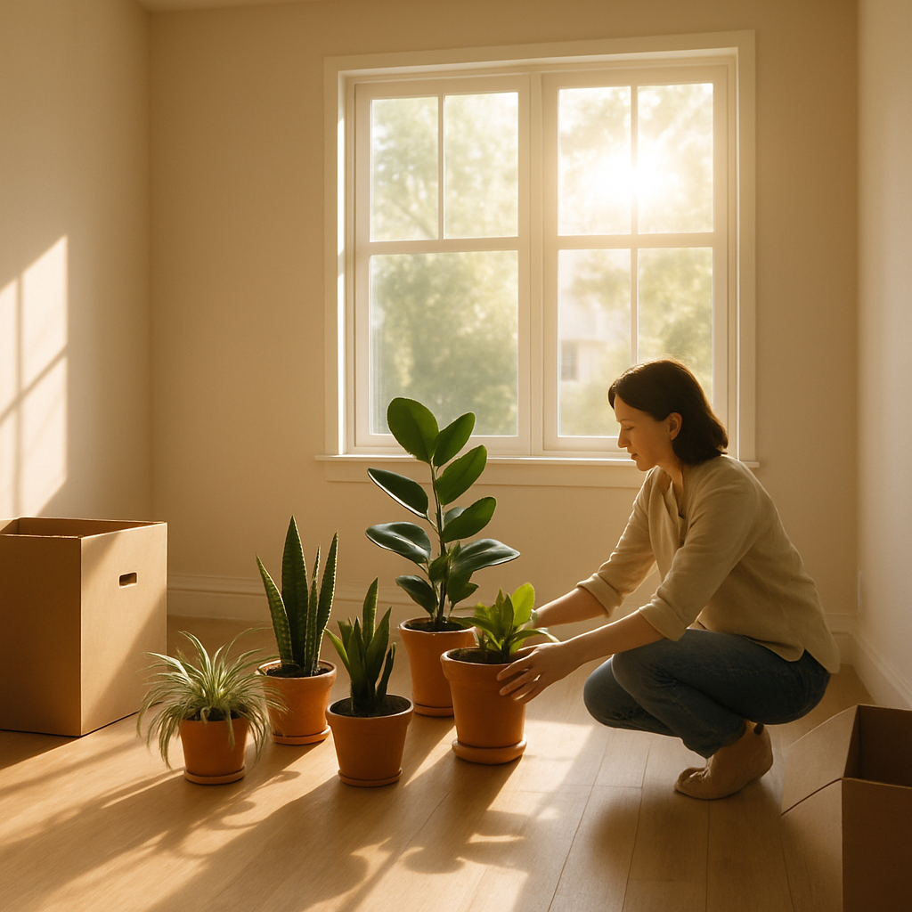 Recently moved houseplants being placed near a bright window in new home