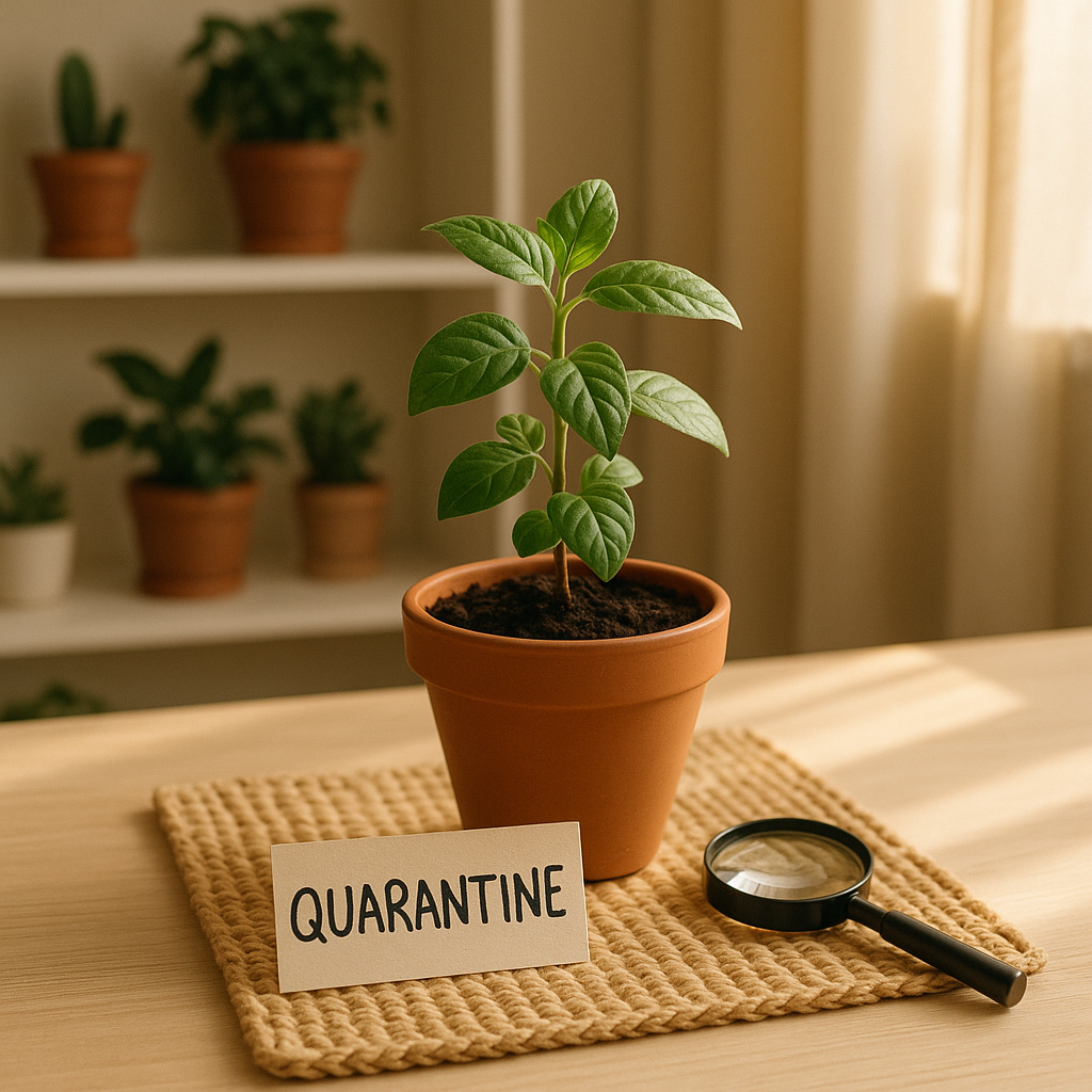 New houseplant on a separate surface with quarantine label and magnifier for inspection