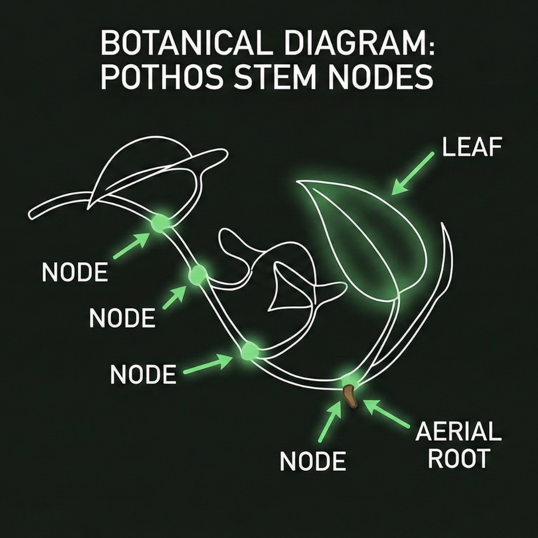 Botanical diagram showing pothos stem nodes, leaves, and aerial roots