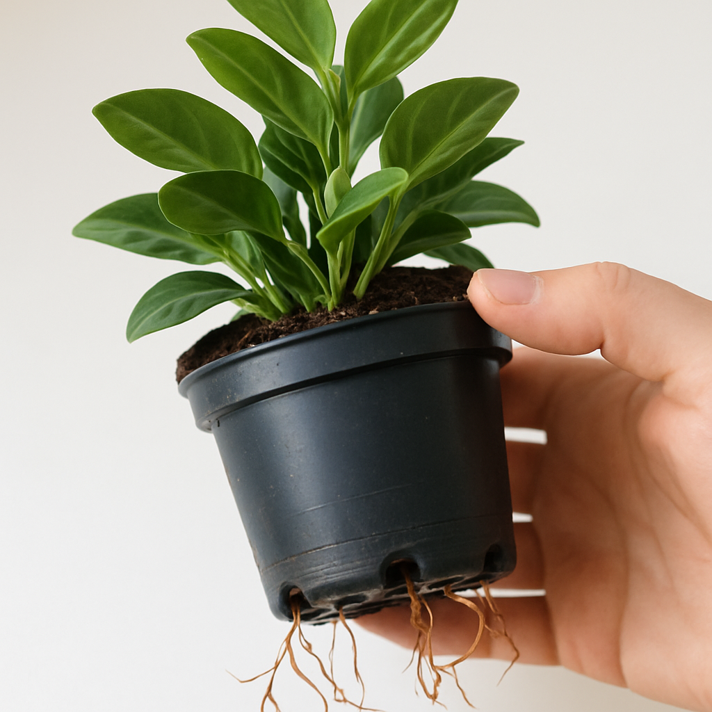 Newly purchased houseplant with visible roots coming out of drainage holes at the bottom of the pot