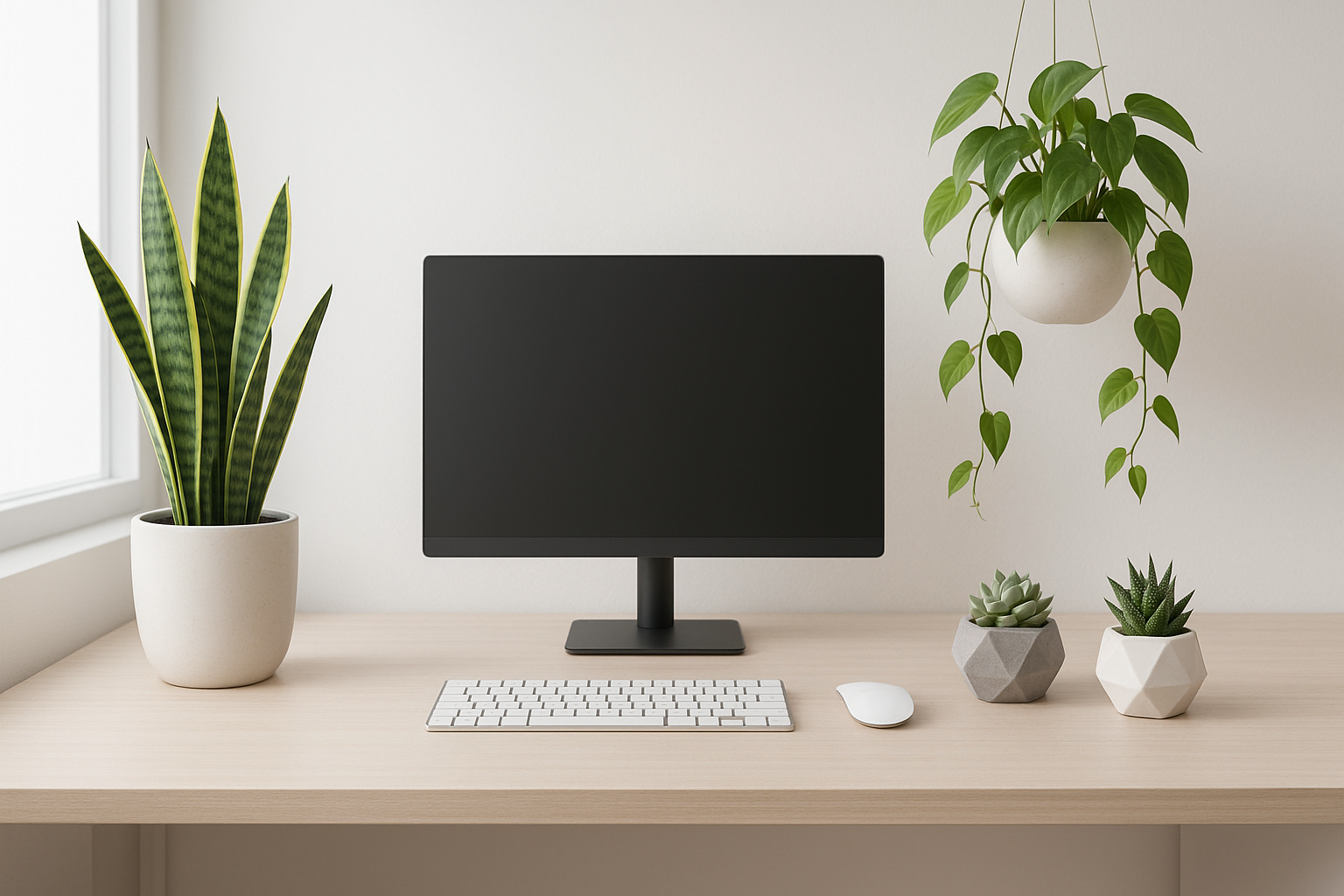 Modern office desk with snake plant, pothos, and succulents in minimalist pots