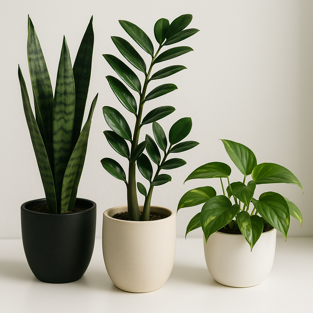 Low light office desk with snake plant and ZZ plant