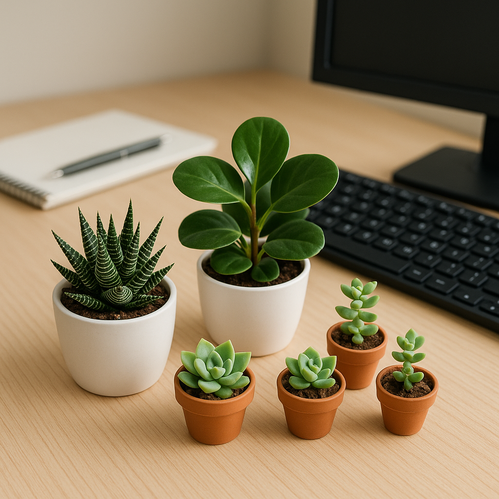 Collection of small desk plants in minimal pots