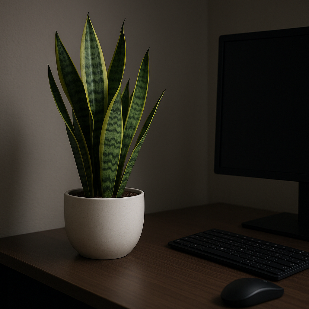 Snake plant on office desk in low light corner