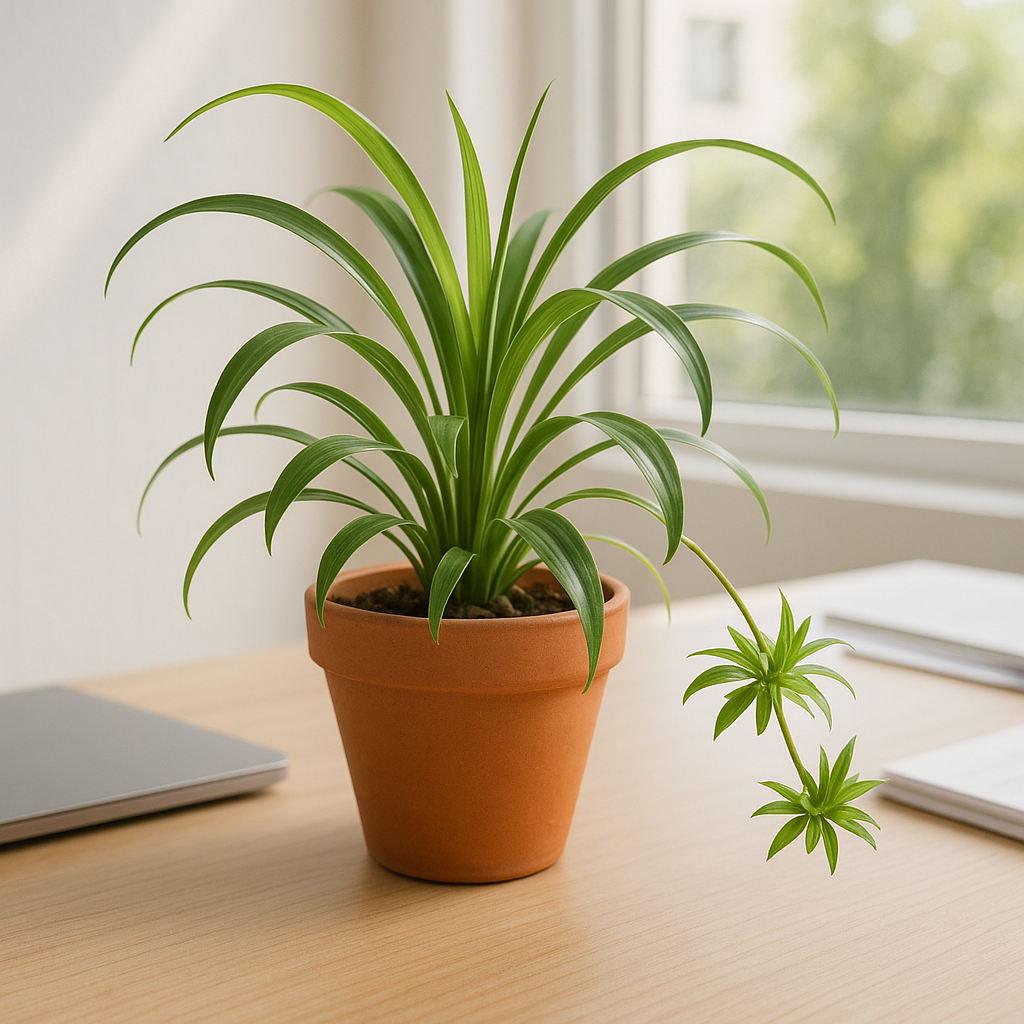 Spider plant in terracotta pot on office desk