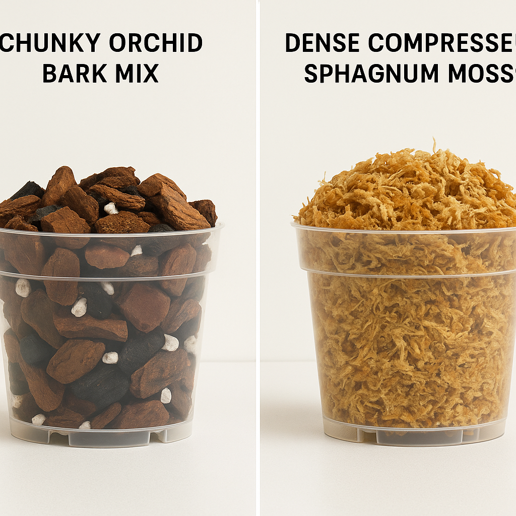 Side by side comparison of orchid bark mix and sphagnum moss potting media with visible texture differences