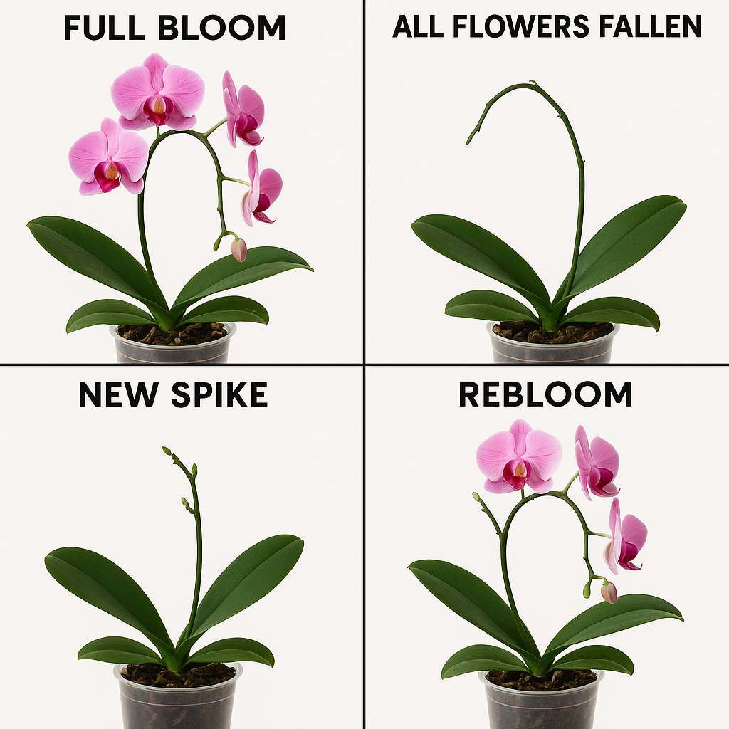 Phalaenopsis orchid lifecycle stages from full bloom to bare spike to rebloom spike emerging to new flowers open
