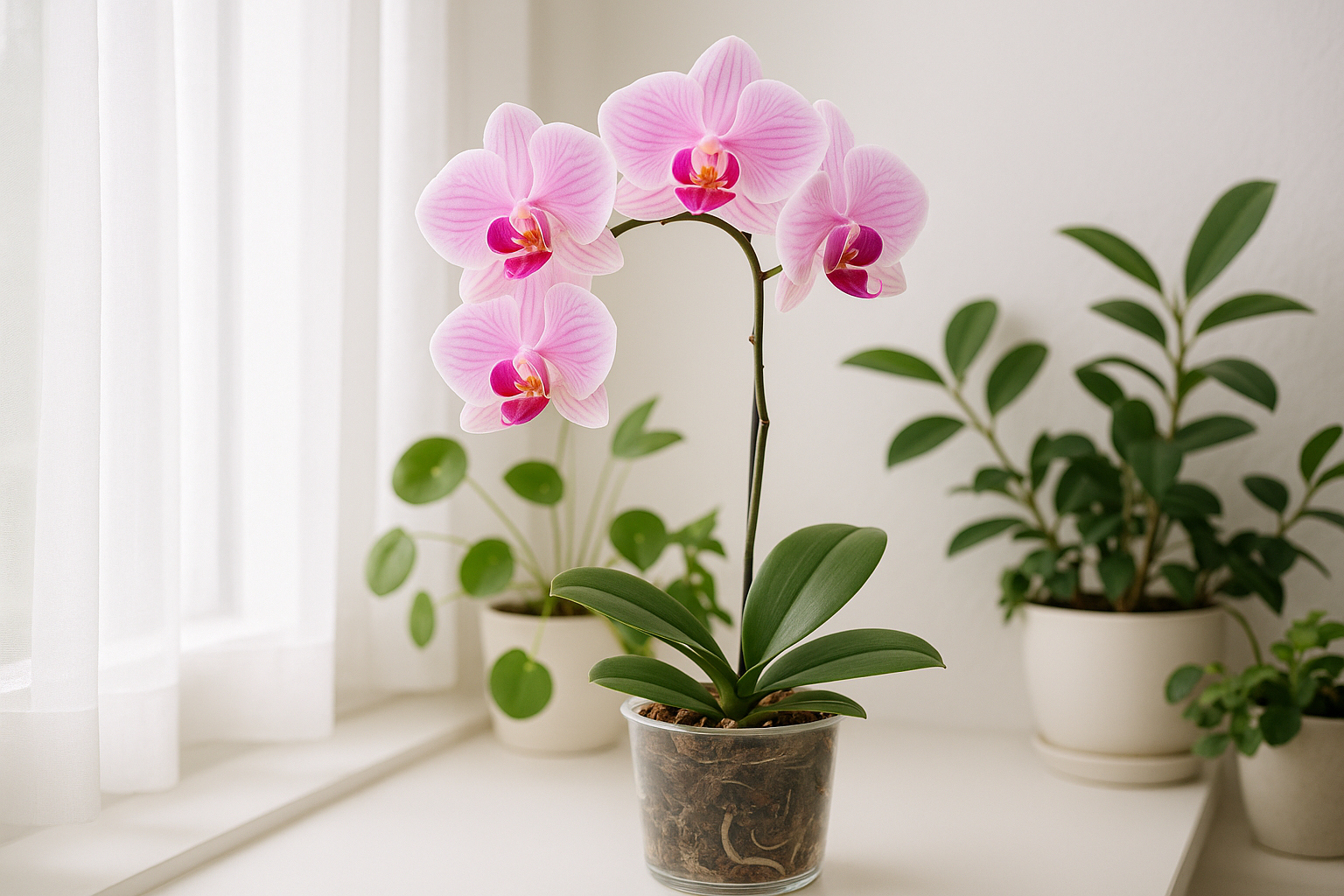 Healthy blooming Phalaenopsis orchid on a bright windowsill with airy curtains, surrounded by lush green plants