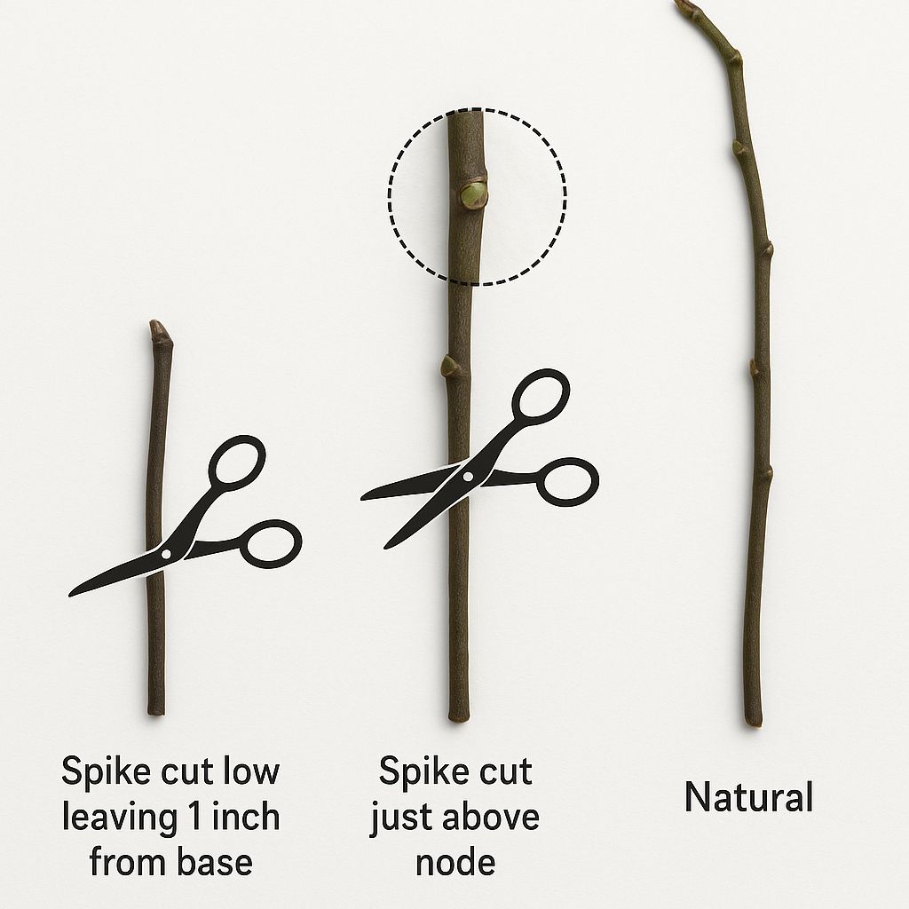 Three orchid spike cutting options illustrated on a bare Phalaenopsis spike: cut low, cut above node, or leave uncut