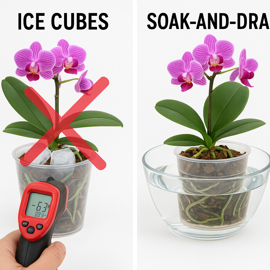Split comparison of orchid watering methods: ice cube on left with temperature damage illustration versus soak-and-drain method on right with proper technique