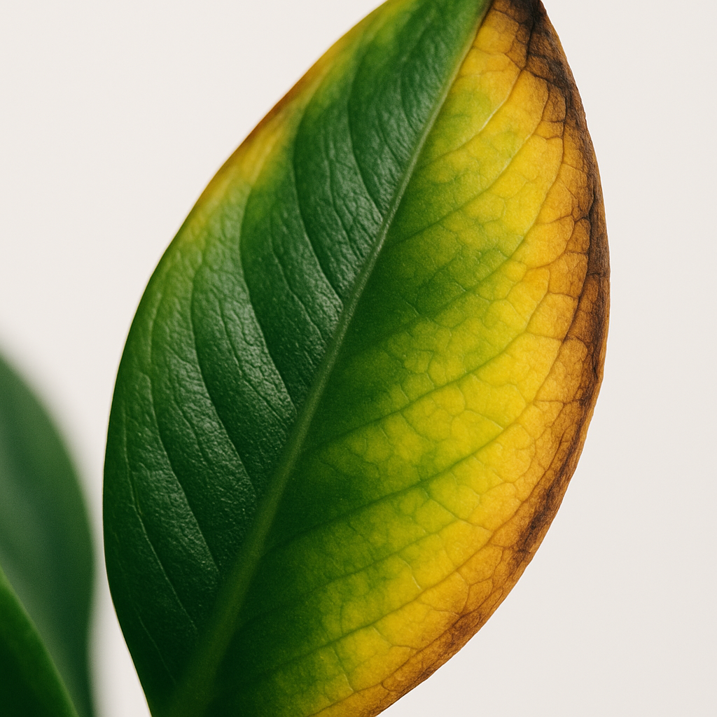Close-up of overwatered plant leaves showing yellow and brown discoloration