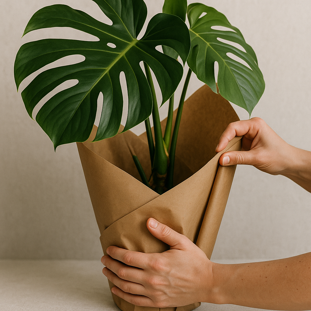 Large monstera plant wrapped in brown craft paper like a Christmas gift