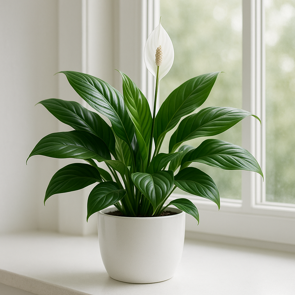 Peace lily in elegant white pot on windowsill, filtered light
