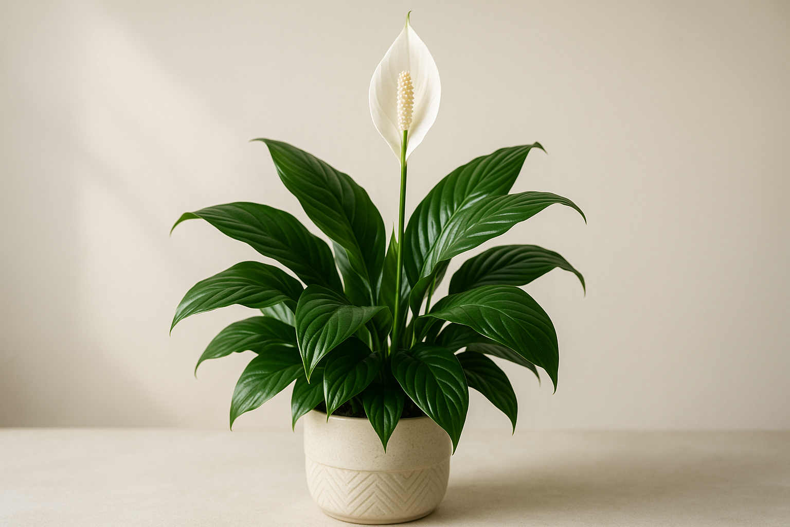 Peace lily with white spathe flower blooming in light