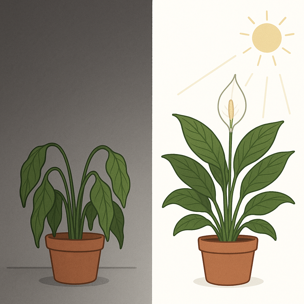 Peace lily side-by-side in low light vs bright indirect light