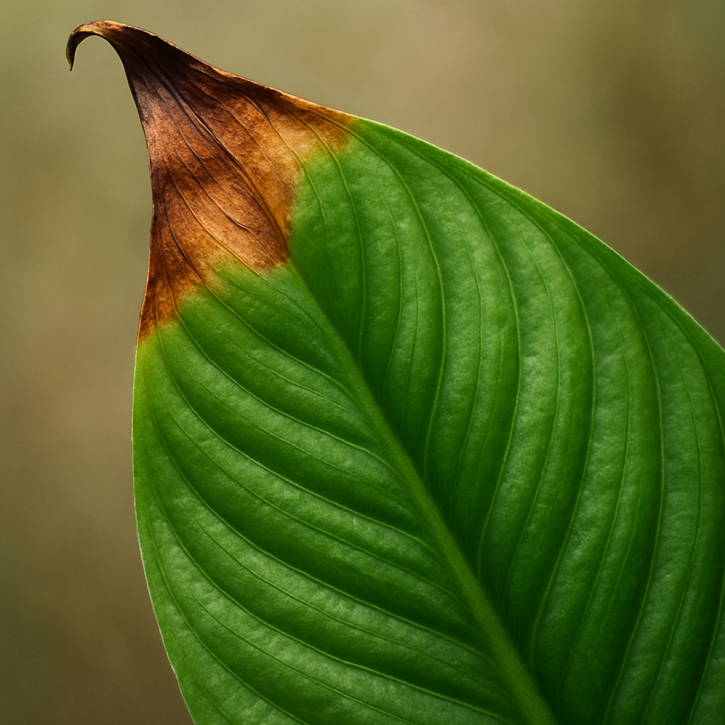Close-up of peace lily leaf with brown tips showing damage pattern
