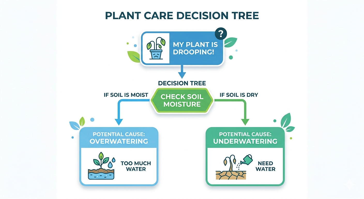 Simple flowchart for diagnosing peace lily drooping causes