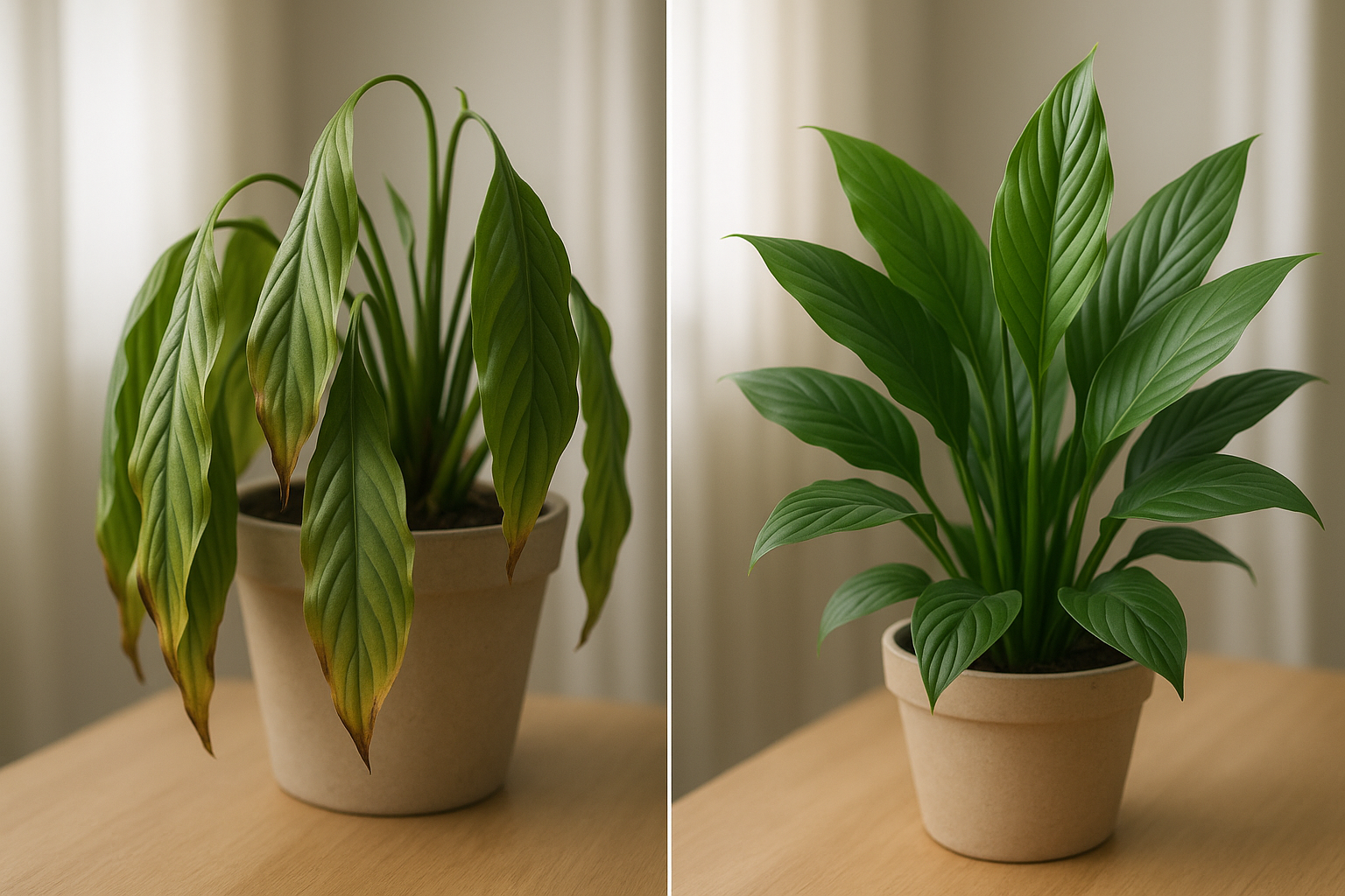 Drooping peace lily plant with brown leaf tips next to healthy revived peace lily