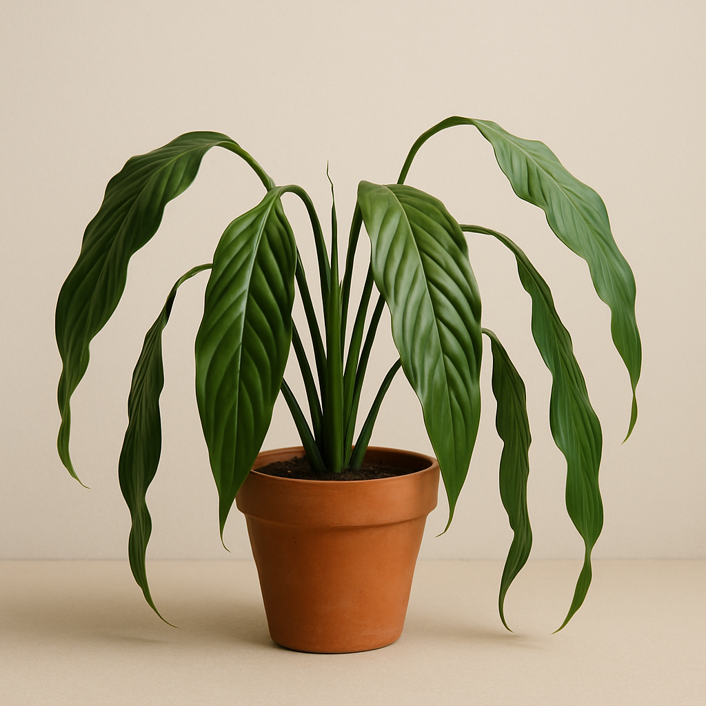 Peace lily dramatically drooping leaves showing the 'I need water' signal