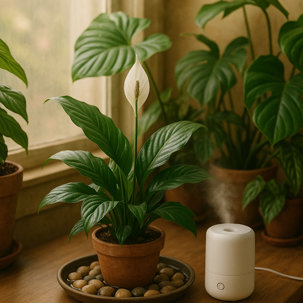 Peace lily humidity setup with pebble tray and small humidifier