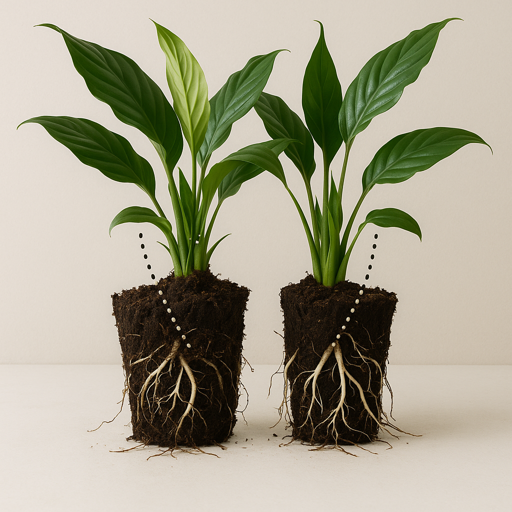 Peace lily root ball being divided showing root structure and division points