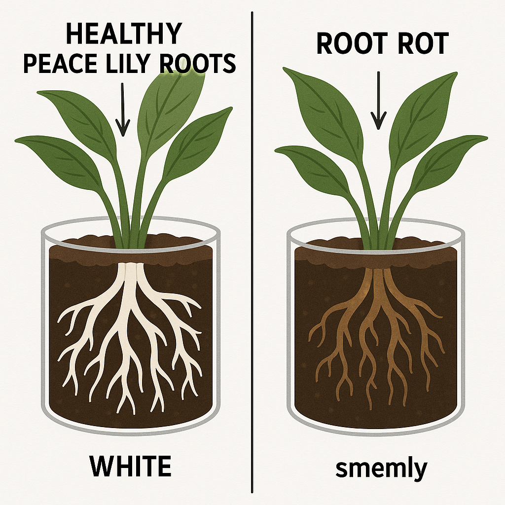 Peace lily root comparison: healthy white roots vs root rot