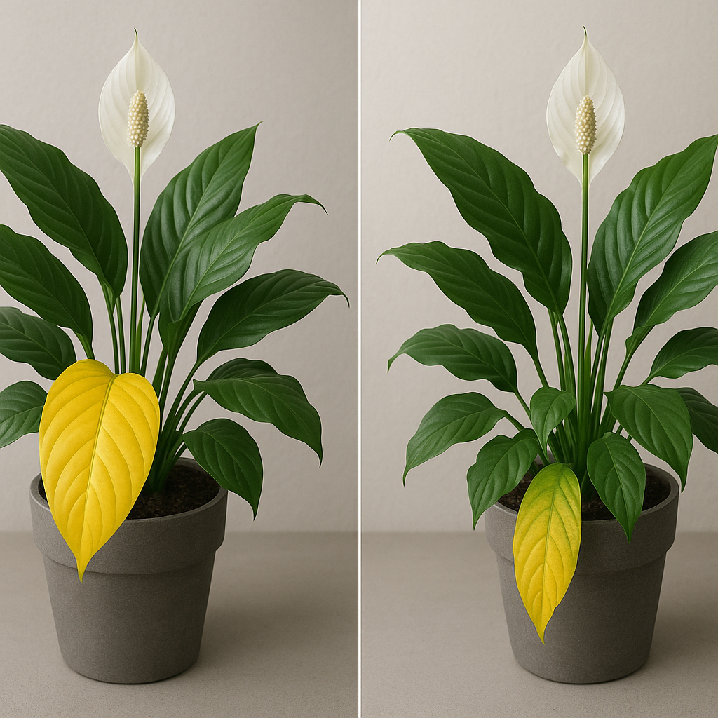 Peace lily showing yellowing leaves in different patterns - overwatering vs natural aging